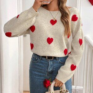 Red Casual Women's  Crew Neck Valentine Heart Back Tie Warm Long Sleeve Sweater
